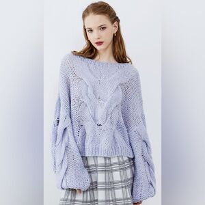 CHICWISH HAND-KNIT PUFF SLEEVES CROP SWEATER IN BLUE PURPLE SIZE L